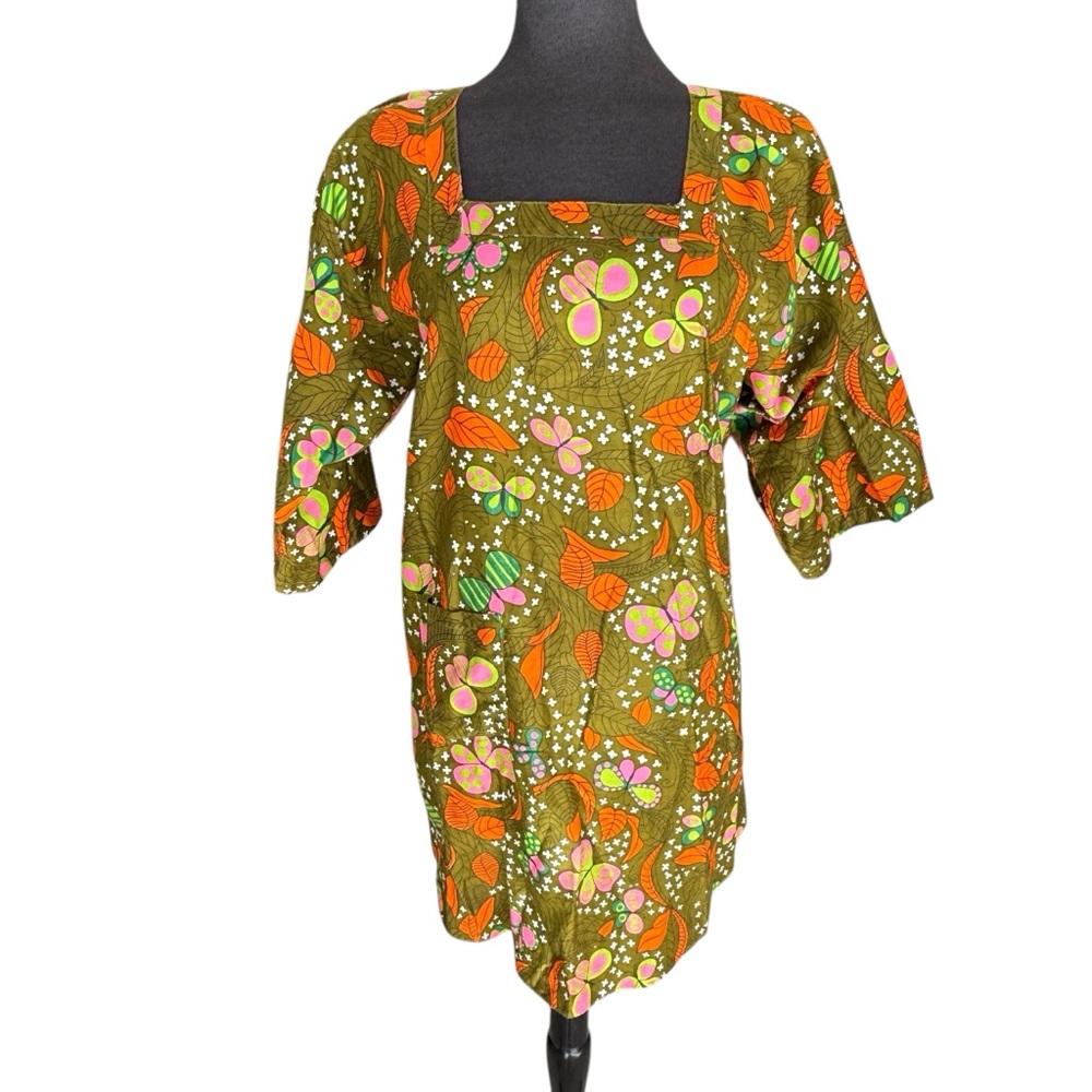 Vintage 1970s Womens Retro Psychedelic Floral Mid Mod Apron Open Back Top Small